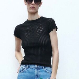 Zara Black Pointelle Knit Short Sleeve Baby Tee Top Womens Small